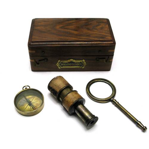 Лупа з компасом і підзорна труба в дерев'яному футлярі (16,5х9,5х7,5 см