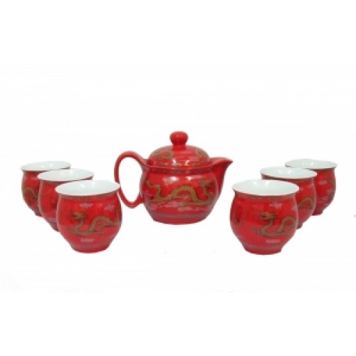 Фарфоровый набор 6 чашек  и чайник  с двойной стенкой, рисунок дракона, 35см (ФА-фн-09)